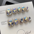 Handmade aurora press-on nails with silver glitter tips and iridescent heart gemstones - S Small / 434 Ice Diamond Short Round Square
