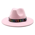 Chapeau en laine rose à large bord avec ruban LOVE pour hommes et femmes - Rose