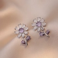 Elegant floral stud earrings with purple crystals and white zircon petals on silk - Steel Purple Stud Earrings