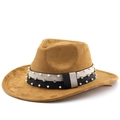Classico cappello Fedora in finta pelle scamosciata color cammello con perle e strass - M (56-58cm) / Cachi