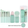 Portable 8-in-1 pearlescent mint green makeup brush set with case and sponge - Square Telescopic Brush Combination Set + Paper Box / Pearlescent Cyan (Set)