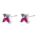 Detail view of silver butterfly studs with pink and purple rhinestones on white background - Platinum Rose Red & Orange Zircon