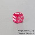 Detail view of pink translucent resin dice showing 2.5g weight and 14mm dimensions - Rose Red