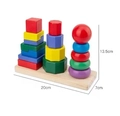 Wooden rainbow stacking tower with geometric shapes and macarons colors on a wood base - Three-Column Tower (Small)