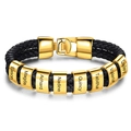 Braided black leather bracelet for men with 8 personalized golden engraved beads - Gold Clasp - 8 Names
