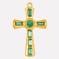Golden stainless steel cross pendant with emerald green rectangular and round crystals - Gold-Green Rhinestone