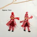 Pair of 13cm Christmas elf hanging ornaments with red striped knit and wood details - Two-Piece Set / Red Scarf Girl