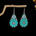 Bohemian silver drop earrings with teal floral patterns and sparkling white rhinestones - Teal Floral Rhinestone Hook Style (E5856-3)
