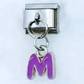 Italian modular charm featuring a purple enamel letter M pendant in silver finish - Letter M