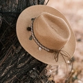 Bohemian woven straw sun hat in light brown with shell and ethnic pattern band - Khaki Western Cowboy