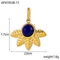 Detail view of a gold-plated flower pendant with a blue gemstone and size specifications - Flower Leaf Gold With Deep Blue Stone (AP41953B-11)