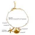 Detailed view of starfish and shell gold pearl bracelet with size specifications - Gold Shell Starfish Artificial Pearl Bracelet (BR379G)