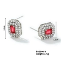 Detailed view of red rectangular zircon earrings with dimensions and weight specs - Red (E02500-3)