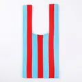 Summer knit tote bag featuring red and blue vertical stripes and rib-knit texture - Red and Blue Stripes
