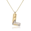 Macro view of L-letter pendant with two-tone gold and silver irregular metal texture - Letter L