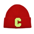 Detail of red ribbed knit beanie featuring a bright yellow letter C patch for winter - Red & Yellow