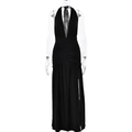 Close-up of elegant black halter dress featuring a deep V-neck and ruched waist detail - S / Black
