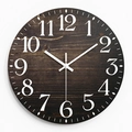Retro round wall clock with 12-inch wood grain dial and large white Arabic numerals - 12inches/30cm / Dark Wood Grain