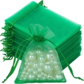 Green organza drawstring gift bag with white faux pearls for jewelry packaging - Grass Green; 5x7cm