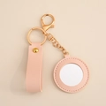 Pink PU leather heart mirror keychain with gold hardware and wrist strap charm - Round Mirror / Pink