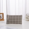Portable large capacity cosmetic bag featuring a grey and white plaid fabric pattern - Grey Plaid (No Label) / Large