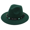 Detail of dark green fedora hat featuring black leather band and turquoise studs - M (56-58cm) / Dark Green