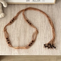 Detail of bohemian hand-woven waist rope with cotton linen cords and brown beads - Multi-Layer Woven Wood Bead 4-Section Coffee