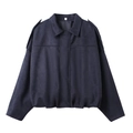 Detail of navy blue faux suede bomber jacket showing matte texture and epaulet design - XS / Navy Blue