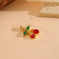 Elegant gold cherry pendant with red and green cubic zirconia stones for women - Gold Plated Double Red Zircon Green Leaf Cherry Pendant Only (Without Chain) (T001-2)