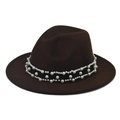 Detailed view of the dark brown wool fedora with double-row pearl beaded band and flat brim - Dark Coffee Fedora with Pearl Chain