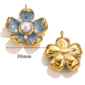 Detailed front and back view of 30mm vintage pink flower pendant with blue enamel - Blue