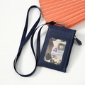 Blue PU leather card holder wallet with matching neck lanyard and clear ID window - Navy Blue