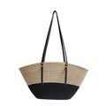 Borsa tote in paglia intrecciata da donna con base nera a contrasto e spalline lunghe - Grande / Nero