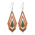 Close-up of geometric hollow wooden earrings in brown and green layered diamond design - Style 24/Rhombus Triangle Nested Green Brown