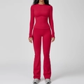 Ensemble de yoga rouge foncé ajusté avec haut à manches longues et legging évasé taille haute - S / Top And Bottom (Manches Longues + Pantalon Évasé) / Rouge Framboise