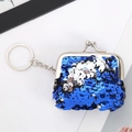 Close-up of blue and silver sequin coin purse with silver keychain and metal link chain - Dark Blue + Silver