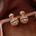 Golden double-pearl hollow earrings with colorful zircon inlays on brown velvet - Silver Needle-Gold-Multi-color Zirconia Double Bead(61#)
