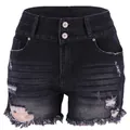 Women high waisted black denim shorts with double breasted buttons and ripped details - S / Black
