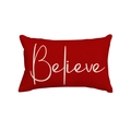 Linen Christmas pillow case featuring a red finish with white Believe script lettering - Believe (Single-sided)