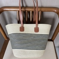 Woven straw tote bag with black stripes and brown faux leather shoulder straps - Narrow Stripe Cream