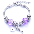 Silver alloy charm bracelet with purple beads and heart lock pendant on white background - Purple