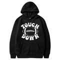 Black American football hoodie with white Touch Down print and cozy kangaroo pocket - S / Tops / Black (TOUCH DOWN Print)