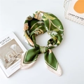 Elegant green silk-feel square scarf featuring white and orange lily floral prints - Green Gentian Flowers