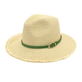 Classic beige straw fedora sun hat with green leather strap and gold buckle accent - M (56-58cm) / Beige