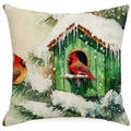 Christmas square linen pillowcase featuring watercolor red cardinals and a green birdhouse - YMD15-17 (Red Bird Winter)
