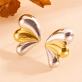 Pendientes de botón con forma de corazón y ala bicolor en oro de 18k y plata pulida - Diseño de Ala de Mariposa (G515) / Dos colores