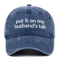 Navy washed denim baseball cap featuring white Put It On My Husband's Tab embroidery - Adjustable / Navy Blue