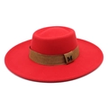 Close-up of red wool felt boater hat with a brown decorative band and metal M letter - M(56-58cm) / Red