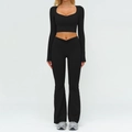 Set da yoga nero spazzolato con crop top a maniche lunghe e leggings svasati a vita alta - Taglia S / Top E Pantaloni / Manica Lunga + Pantaloni a Zampa / Nero premium