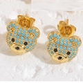 Goldene Bären-Ohrstecker mit blauen Perlen-Inlay und Schmetterlingsverschluss - Bärchen-Ohrstecker / Gold Hellblau Zirkonia